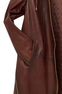 پالتو زنانه Daniela چرم قهوه‌ای بلند اورسایز کلاه‌دار دری مد