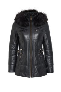 پالتو چرمی زنانه مشکی خزدار کلاه دار Alexandra دری مد