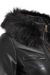 پالتو چرمی زنانه مشکی خزدار کلاه دار Alexandra دری مد