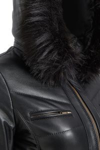 پالتو چرمی زنانه مشکی خزدار کلاه دار Alexandra دری مد