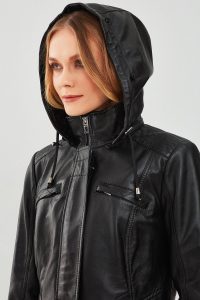 پالتو چرمی زنانه مشکی خزدار کلاه دار Betty دری مد