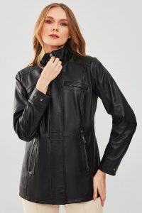 پالتو چرمی زنانه مشکی خزدار کلاه دار Betty دری مد