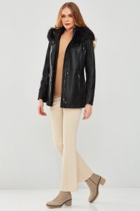 پالتو چرمی زنانه مشکی خزدار کلاه دار Betty دری مد