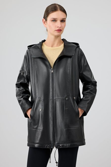 پالتو چرمی زنانه مشکی کلاه دار Cindy دری مد