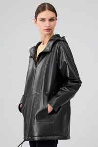 پالتو چرمی زنانه مشکی کلاه دار Cindy دری مد