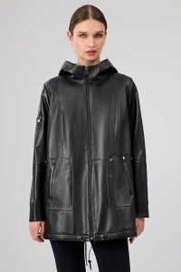 پالتو چرمی زنانه مشکی کلاه دار Cindy دری مد