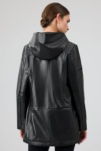 پالتو چرمی زنانه مشکی کلاه دار Cindy دری مد