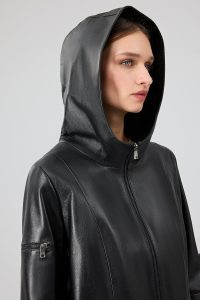 پالتو چرمی زنانه مشکی کلاه دار Cindy دری مد