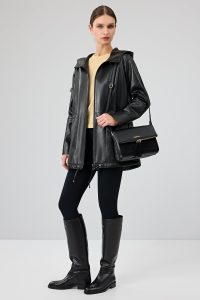 پالتو چرمی زنانه مشکی کلاه دار Cindy دری مد