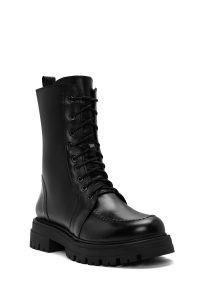 پوتین زنانه چرمی مشکی بندی زیپ‌دار دری مد