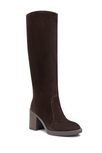 چکمه زنانه جیر قهوه‌ای زیپ‌دار پاشنه پهن دری مد