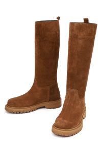 چکمه زنانه چرم جیر قهوه‌ای زیره‌ضخیم دری مد