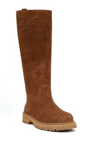 چکمه زنانه چرم جیر قهوه‌ای زیره‌ضخیم دری مد