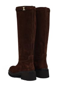 چکمه زنانه چرم جیر قهوه‌ای زیپ‌دار زیره‌ضخیم دری مد