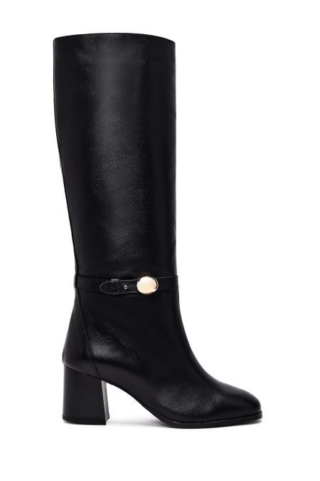 چکمه زنانه چرم مشکی پاشنه‌بلند ضخیم دری مد