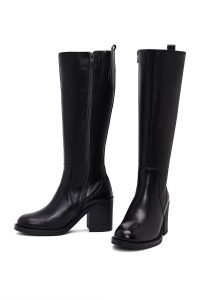 چکمه زنانه چرم مشکی پاشنه‌بلند ضخیم زیپ‌دار دری مد