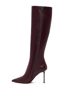 چکمه زنانه چرمی زرشکی زیپ‌دار پاشنه بلند باریک دری مد