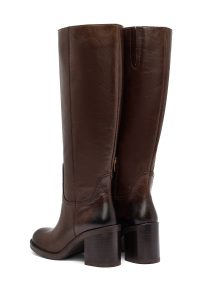 چکمه زنانه چرمی قهوه‌ای زیپ‌دار پاشنه پهن دری مد