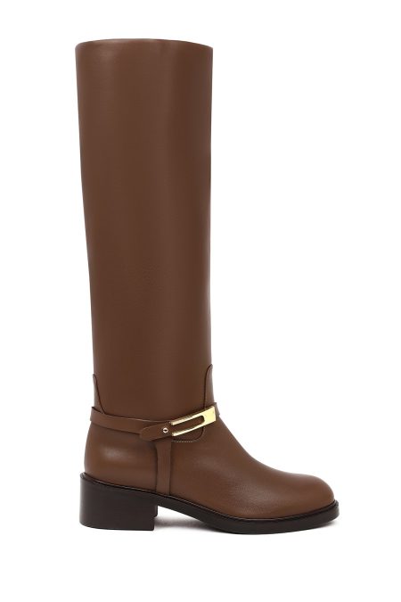 چکمه زنانه چرمی قهوه‌ای سگک‌دار دری مد