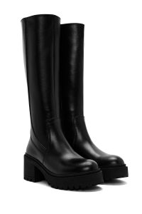 چکمه زنانه چرمی مشکی زیپ‌دار پاشنه پهن دری مد