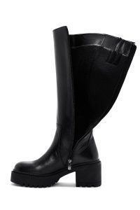 چکمه زنانه چرمی مشکی زیپ‌دار پاشنه پهن دری مد