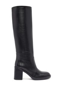 چکمه زنانه چرمی مشکی زیپ‌دار پاشنه پهن دری مد