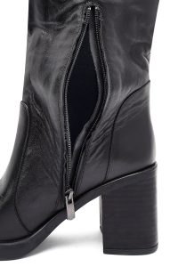 چکمه زنانه چرمی مشکی زیپ‌دار پاشنه پهن دری مد