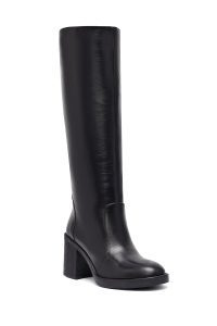 چکمه زنانه چرمی مشکی زیپ‌دار پاشنه پهن دری مد