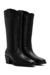 چکمه زنانه چرمی مشکی کابوی پاشنه‌بلند ضخیم دری مد