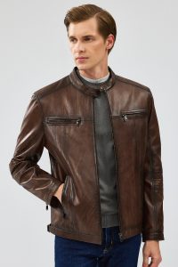 کاپشن اسپرت چرم معمولی قهوه ای مردانه گابریل دری مد