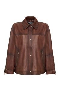 کاپشن زنانه Britney چرم قهوه‌ای اورسایز یقه‌پیراهنی دری مد