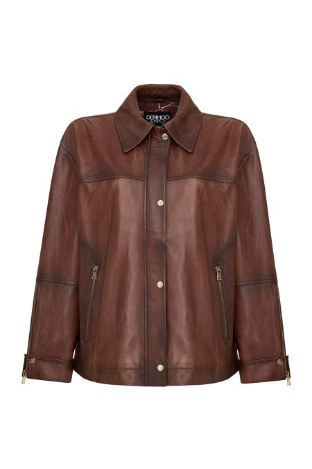 کاپشن زنانه Britney چرم قهوه‌ای اورسایز یقه‌پیراهنی دری مد