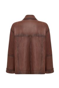 کاپشن زنانه Britney چرم قهوه‌ای اورسایز یقه‌پیراهنی دری مد