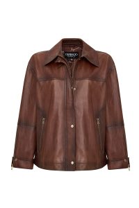 کاپشن زنانه Britney چرم قهوه‌ای اورسایز یقه‌پیراهنی دری مد