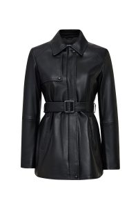 کاپشن زنانه Cordelia چرم مشکی یقه‌پیراهنی با کمربند دری مد