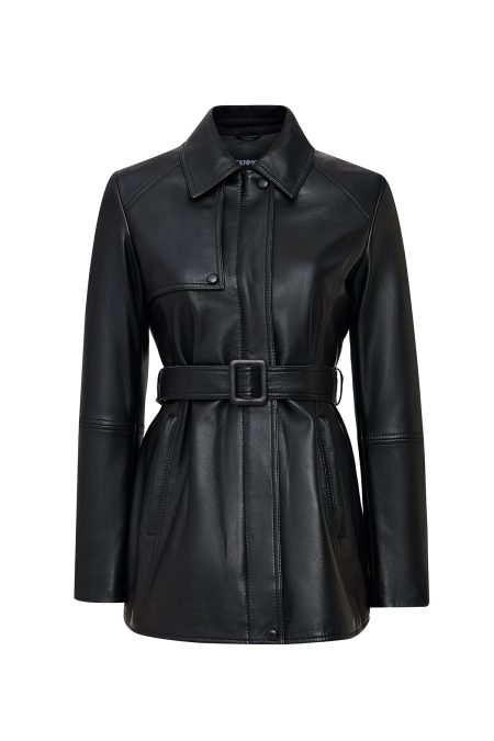 کاپشن زنانه Cordelia چرم مشکی یقه‌پیراهنی با کمربند دری مد