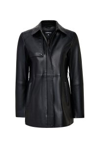 کاپشن زنانه Cordelia چرم مشکی یقه‌پیراهنی با کمربند دری مد