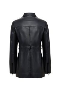 کاپشن زنانه Cordelia چرم مشکی یقه‌پیراهنی با کمربند دری مد