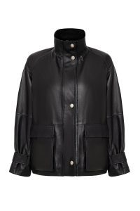 کاپشن زنانه Fancy چرم مشکی اورسایز یقه‌خوابیده دری مد