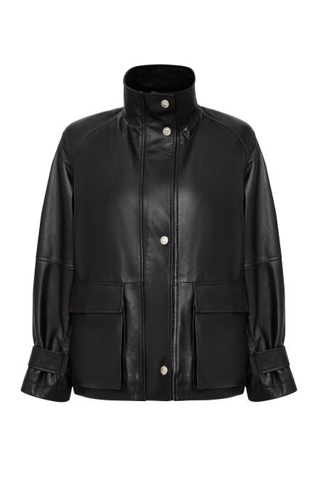 کاپشن زنانه Fancy چرم مشکی اورسایز یقه‌خوابیده دری مد