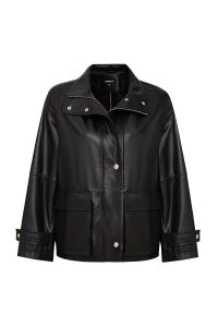 کاپشن زنانه Fancy چرم مشکی اورسایز یقه‌خوابیده دری مد