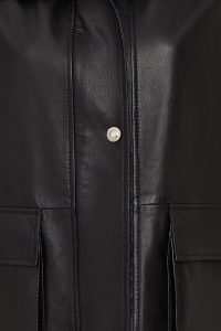 کاپشن زنانه Fancy چرم مشکی اورسایز یقه‌خوابیده دری مد