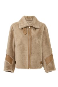 کاپشن زنانه Meribel چرم تدی بژ یقه‌پهن دری مد