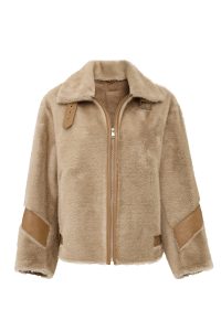 کاپشن زنانه Meribel چرم تدی بژ یقه‌پهن دری مد