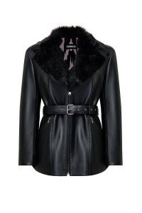 کاپشن زنانه Scarlet چرم مشکی یقه‌خزدار دری مد