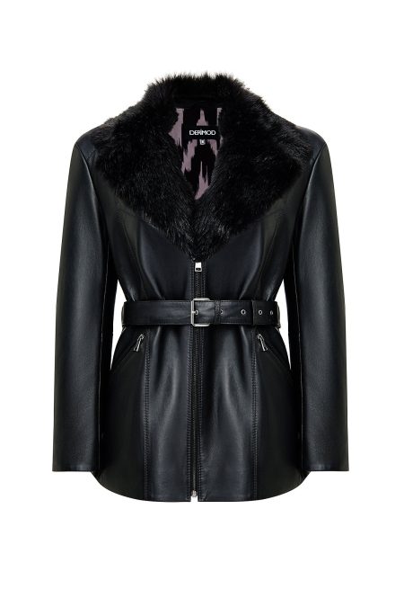 کاپشن زنانه Scarlet چرم مشکی یقه‌خزدار دری مد