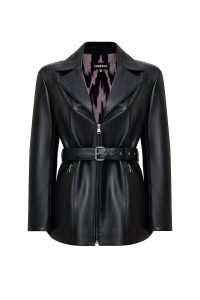 کاپشن زنانه Scarlet چرم مشکی یقه‌خزدار دری مد