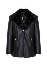 کاپشن زنانه Scarlet چرم مشکی یقه‌خزدار دری مد