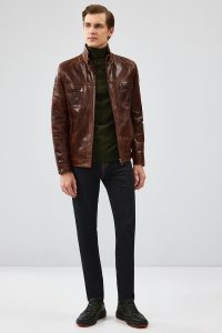 کاپشن چرم اسلیم فیت قهوه ای وید مردانه دری مد