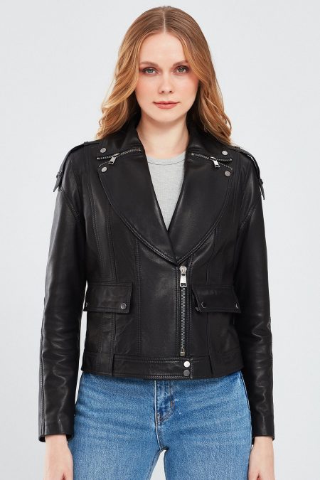 کاپشن چرم مشکی زنانه Reina دری مد